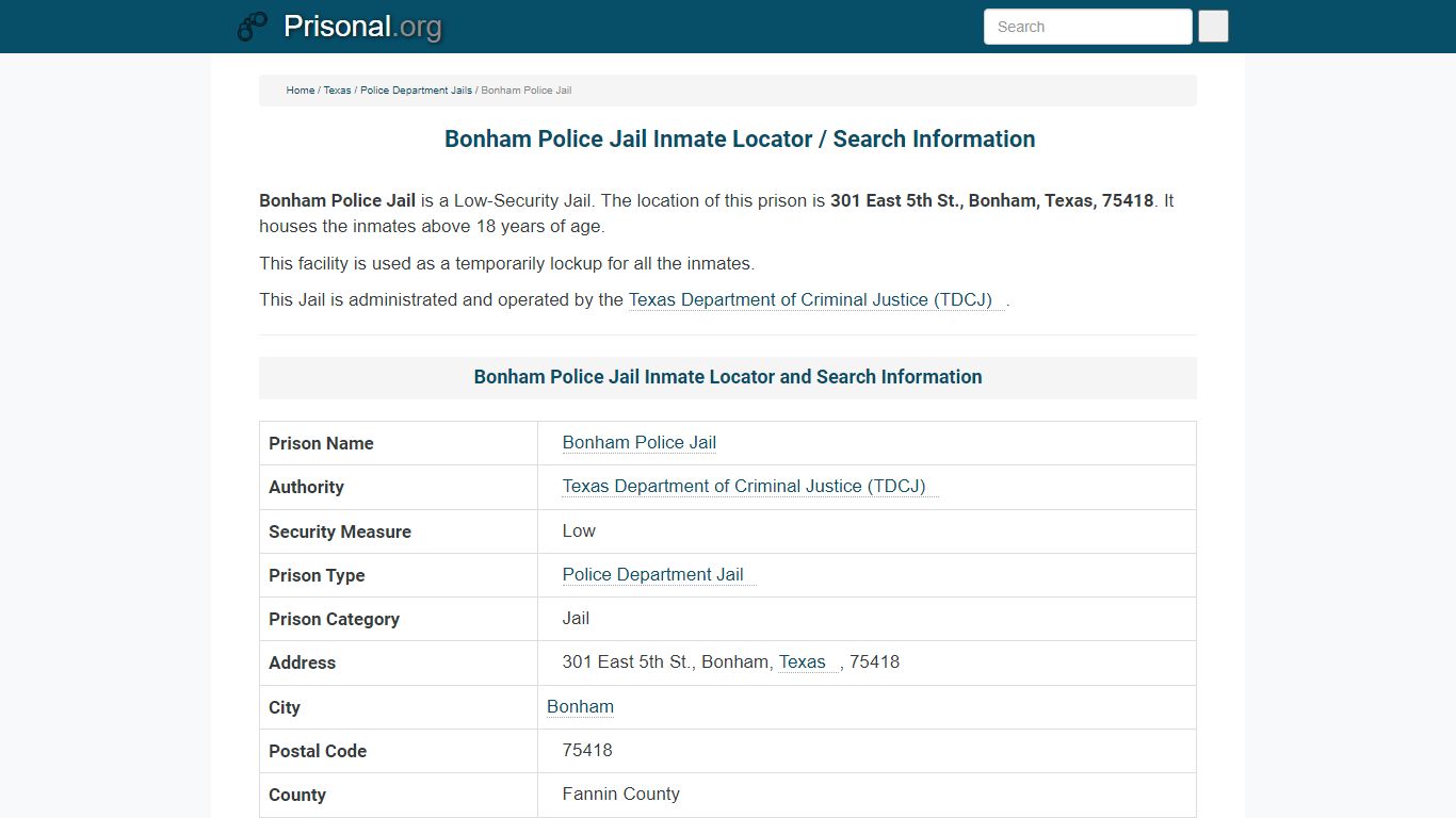 Bonham Police Jail-Inmate Locator/Search Info, Phone, Fax ...